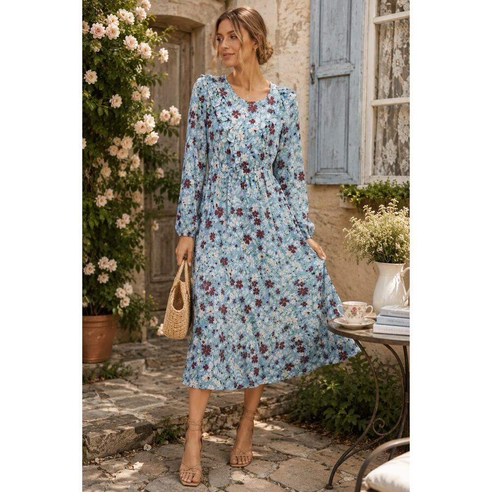 Zara Floral Ruffle Midi Dress Women's Medium Blue Long Sleeve Romantic Boho